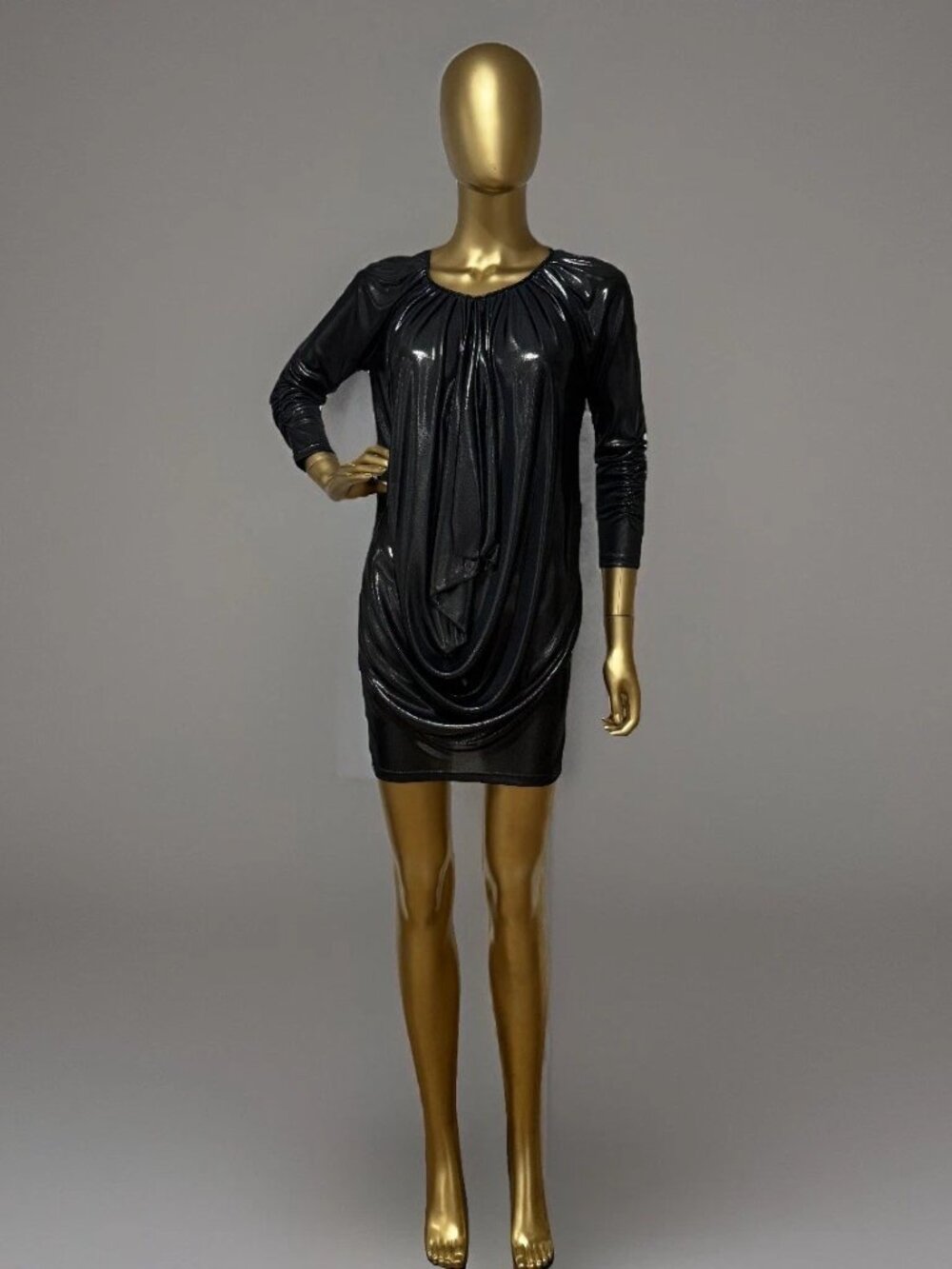 Alice + Olivia Liquid Metal Long-Sleeve Draped Cowlneck Mini Dress Party US Made